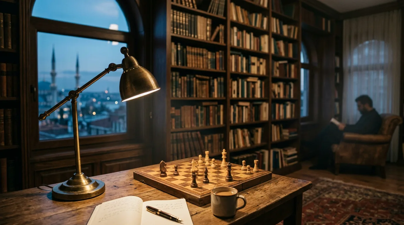 Akşam ışığında, pirinç lambayla aydınlanan satranç tahtası ve kitap rafı olan sakin bir çalışma odası.