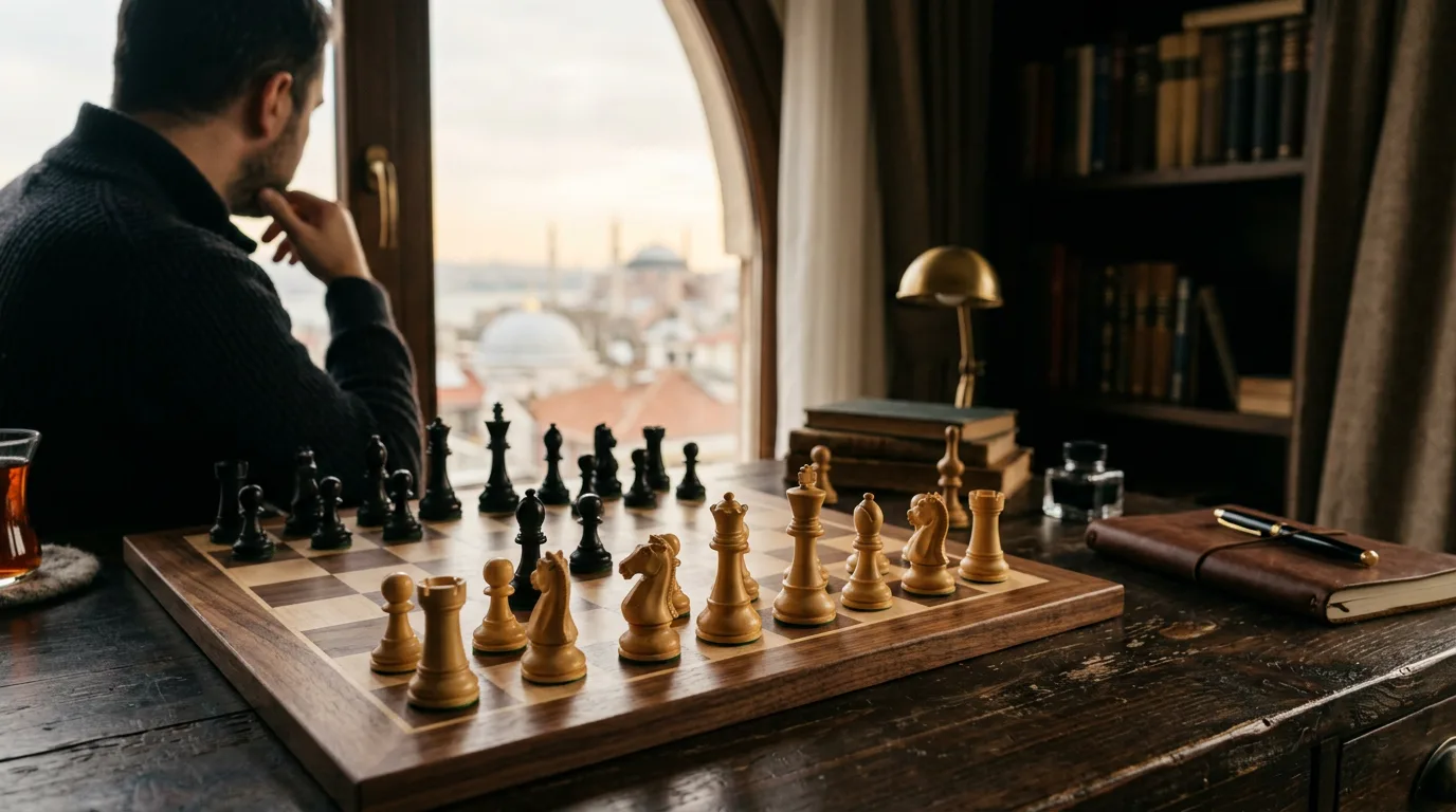 Ahşap bir satranç tahtasında oyun ortası konumu ve arka planda loş ışıkta İstanbul manzarası.
